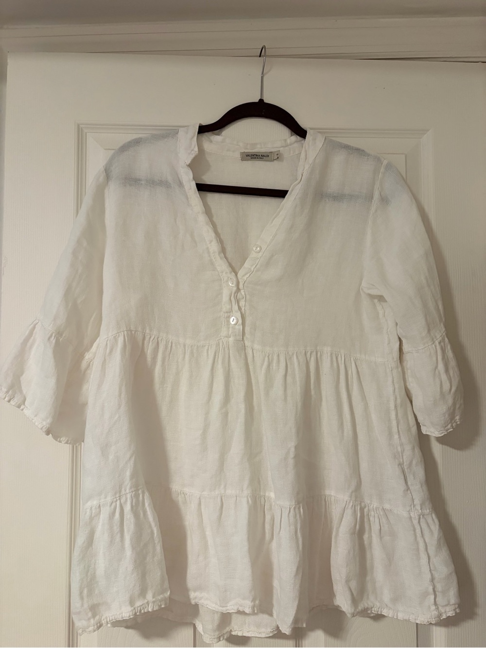 Valentina Naldi White Tiered V-Neck Tunic Top - Lightweight Linen Blend